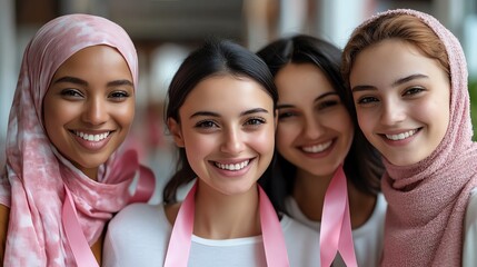 Four diverse women smiling, wearing pink ribbons for breast cancer awareness.