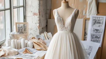 vintage bridal gown with an empire waist and flowing chiffon skirt, displayed on a dress form surrounded by vintage sewing patterns and materials