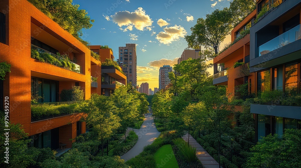 Poster a row of brown buildings with green roofs and trees in front of them