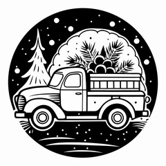 Christmas truck round sign Black Vector silhouette