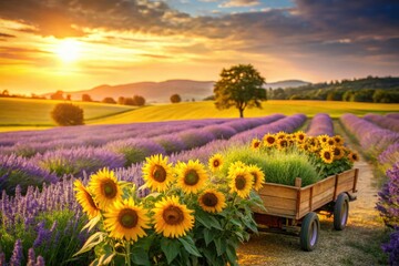 idyllic summer afternoon farm trailer sitting beside vibrant blooming fields of sunflowers and lavender in warm soft golden light with creamy bokeh