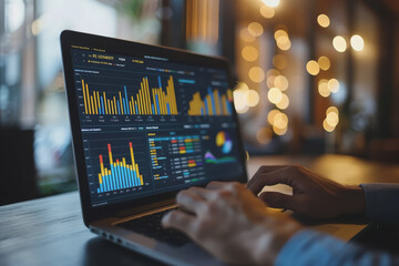 Businessman analyzing business diagrams, marketing statistics, and finance market graphs on a laptop