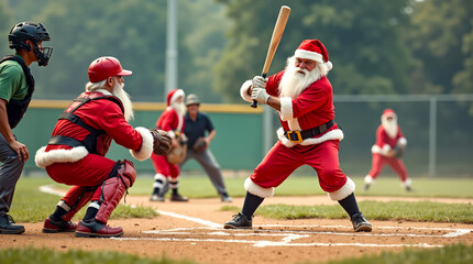 Fototapeta premium A man dressed as Santa Claus swinging a baseball bat at a baseball game