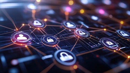 digital representation of a social media network, with bright icons and glowing connections on a dark background