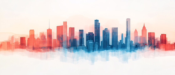 Obraz premium A vibrant city skyline with blue and red hues, showcasing modern architecture