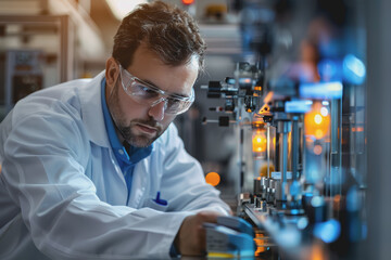 Engineer checking metal components at the machine receptacle in the factory.
