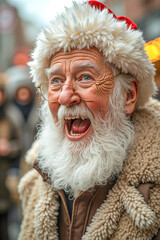A man with a white beard and a red hat and glasses