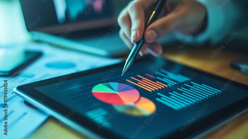 Poster A person using a stylus to interact with a 3D pie chart on a tablet, with various segments being highlighted, and financial documents and a laptop in the background.