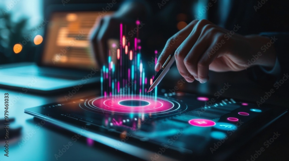Aufkleber A person using a stylus to interact with a 3D pie chart on a tablet, with various segments being highlighted, and financial documents and a laptop in the background.