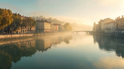 A serene riverside view at dawn, featuring reflections and soft morning light.