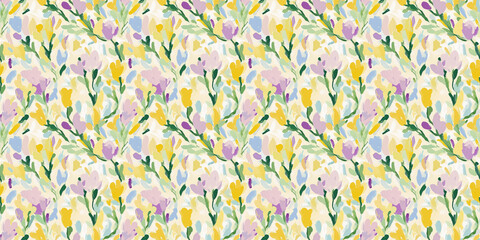 a fun-loving and dreamy abstract pattern of freesias painted in a naive impressionistic style with gouache
