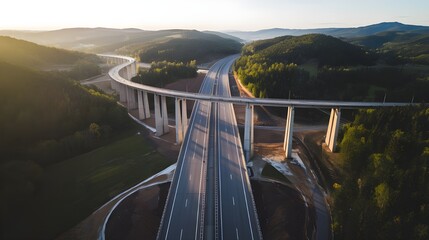 An aerial picture of a highway road bridge used for motorized transportation that was constructed as part of infrastructure development across a valley surrounded by hills, forests, and trees during t