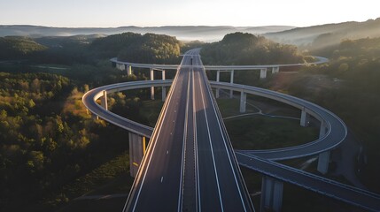 An aerial picture of a highway road bridge used for motorized transportation that was constructed as part of infrastructure development across a valley surrounded by hills, forests, and trees during t