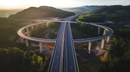 An aerial picture of a highway road bridge used for motorized transportation that was constructed as part of infrastructure development across a valley surrounded by hills, forests, and trees during t