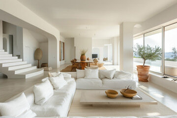 Minimalist modern living room with white interiors, natural wooden accents, large windows, and clean lines, offering an airy and serene space with an open layout and abundant natural light