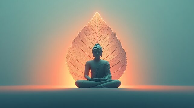 Silhouette of Buddha meditating in a tropical setting with a sunset behind him.