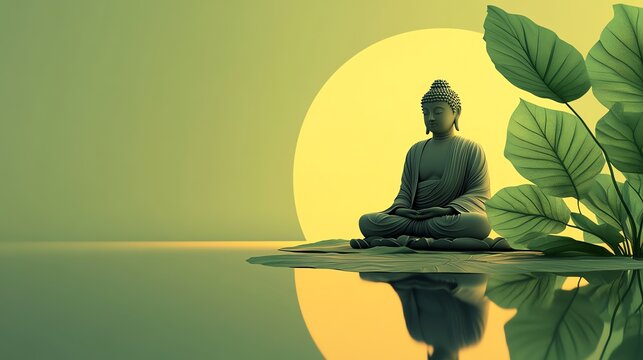 Serene Buddha statue meditating on a tranquil island, bathed in the golden light of the setting sun.