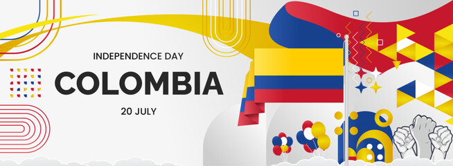 Colombia Independence Day banner. Creative horizontal poster with Colombian flag and raised hand. Modern background for national day greeting cards, holidays, sport events and web header