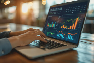 Businessman analyzing business diagrams, marketing statistics, and finance market graphs on a laptop
