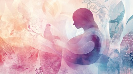 An abstract representation of the female breast in soft pastel colors surrounded by symbols of empowerment and growth