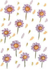 Purple daisy flower watercolour pattern design with isolated white background