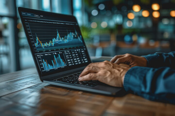 Businessman analyzing business diagrams, marketing statistics, and finance market graphs on a laptop