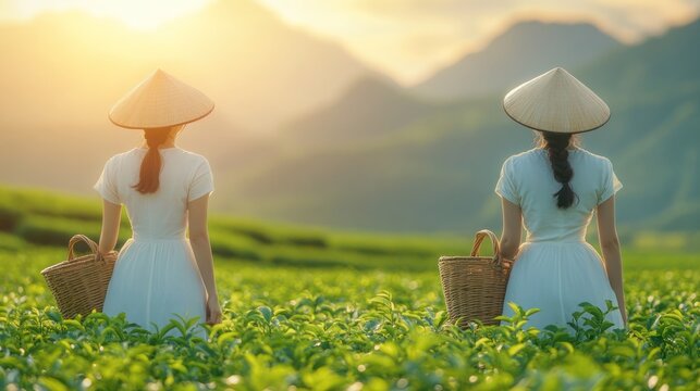 Woman picking green tea leaves in tea plantation, Farmers collecting tea, A Swiss or Europe woman in traditional costume picking up tea in a tea filed in a high mountain region.