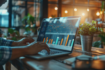 Businessman analyzing business diagrams, marketing statistics, and finance market graphs on a laptop