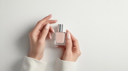 Young Woman hands hold pink nail polish bottle on beige studio background,Pink nail polish manicure,beauty,fashion concept.Copy space.