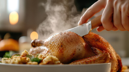 A perfectly roasted turkey is being sliced, releasing steam and showcasing its golden brown skin. scene evokes warmth and celebration, perfect for festive gatherings
