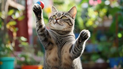 Naklejka premium A playful overweight cat batting at a toy with its paws, displaying its rounded figure and playful nature, with a bright, cheerful background.