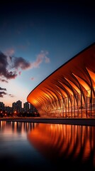 Contemporary stadium with a unique curved roof, glowing in the night, city lights twinkling in the background, stadium landscape, architecture  night setting