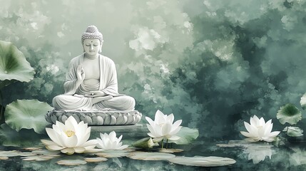 Serene Buddha statue meditating amidst lotus flowers in a tranquil pond.