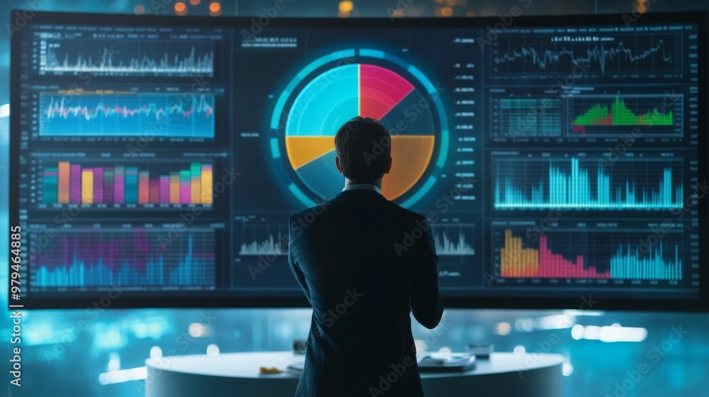 Poster a professional analyzing a 3d pie chart displayed on a large monitor, with colorful segments and per