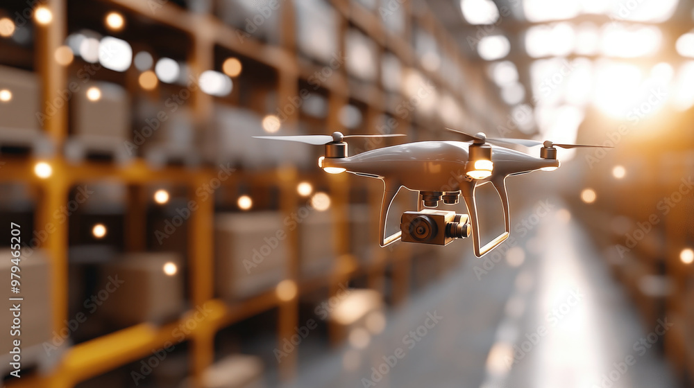 Poster automated drones flying above large warehouse, capturing images and monitoring inventory. scene show
