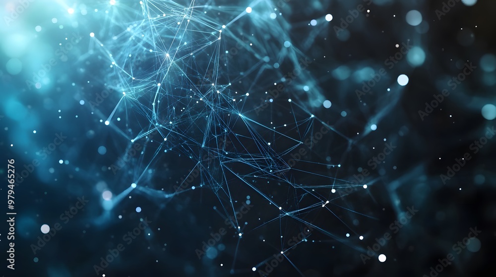 Poster abstract blue network of interconnected lines and glowing dots