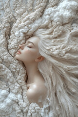 Fototapeta premium woman with white hair lying in soft cream fabric creating ethereal dreamy portrait with flowing textile textures