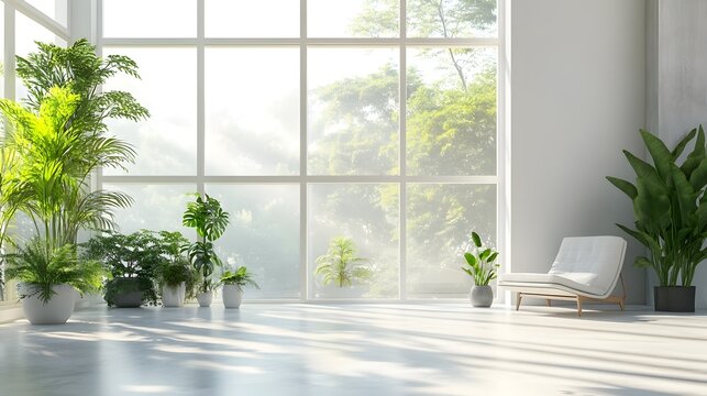 Fototapeta Serene Tropical-Inspired Interior with Lush Greenery and Sunlit Glass Window