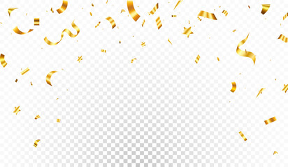 Luxury confetti flying for celebration party banner. Falling shiny golden confetti isolated on transparent background. confetti illustration.