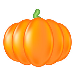 Cute 3D orange pumpkin, isolated transparent background. Cartoon glowing, plastic texture vegetable. Fall decoration sticker for presentation, infographics