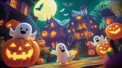 Cute cartoon ghosts celebrating halloween in front of haunted house