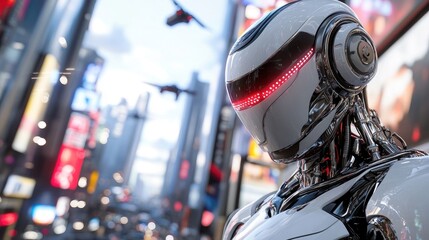 Fototapeta premium towering robot in a futuristic city, patrolling the streets with glowing sensors as flying vehicles pass overhead