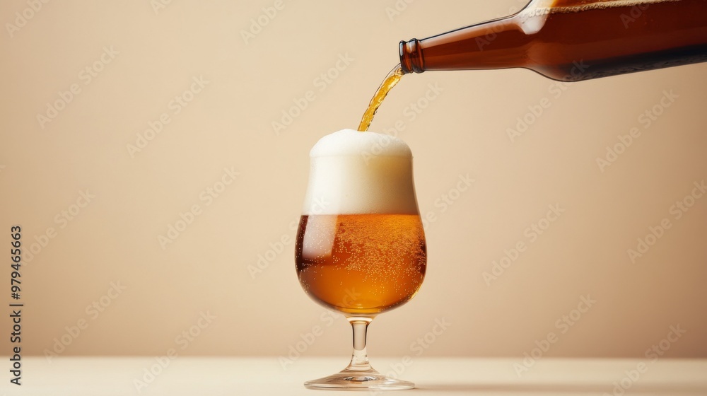 Poster a refreshing beer being poured into a glass with a perfect head of foam, set against a clean, neutra