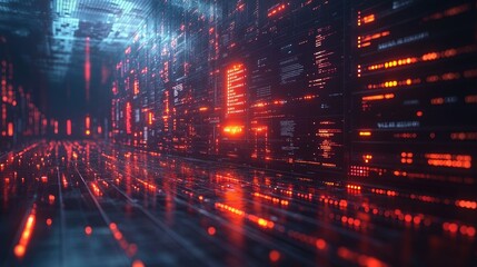 A futuristic digital bank with holographic financial data