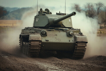 Powerful heavy tank driving on battlefield leaving clouds of dust