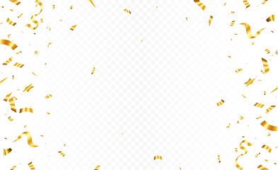 Abstract celebration party background design with confetti and gold ribbons, Gold confetti isolated for Anniversary, Birthday party, Christmas, Carnival festivity, Holiday party banner background,