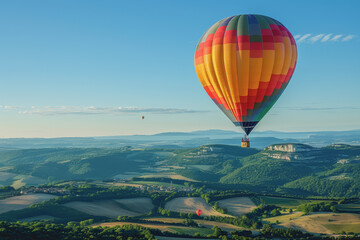 Fototapeta premium Colorful hot air balloons Floating high in the clear blue sky, the scenery is beautiful and bright.