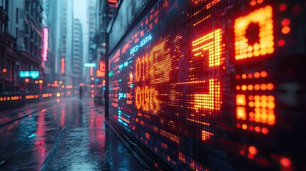 Obraz premium A futuristic stock market with neon lights and digital currency symbols