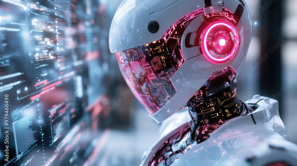 Poster a futuristic robot assistant with glowing sensors and intricate circuitry stands against digital bac
