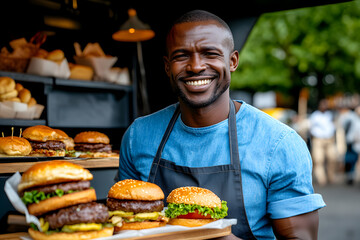 African food truck owner in blue uniform selling gourmet burgers on the street. Small business concept.